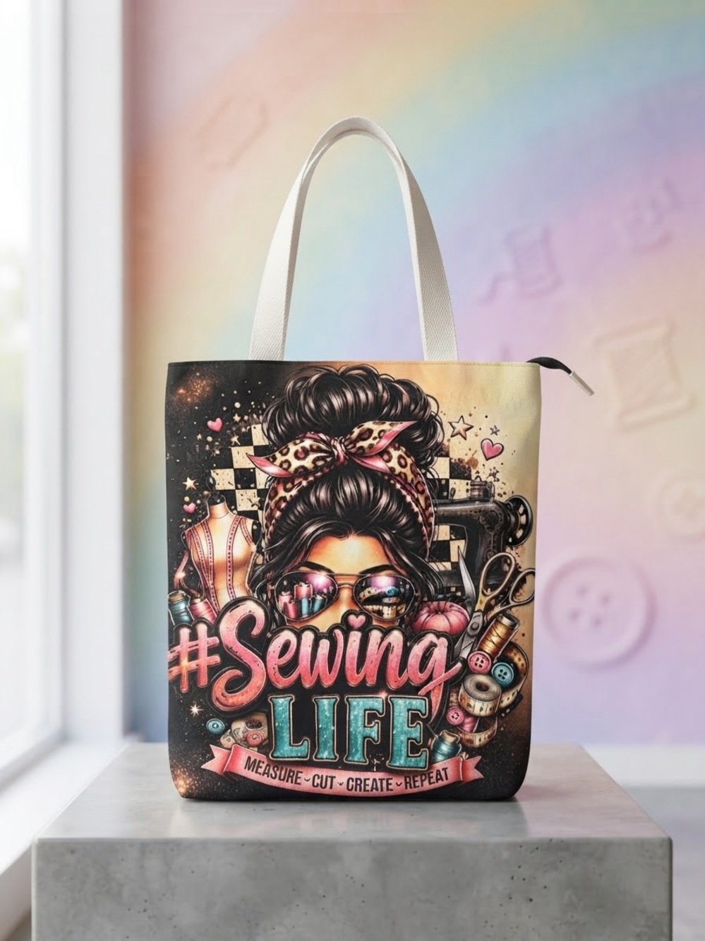 Sewing Life Graphic Tote Bag in Multicolor